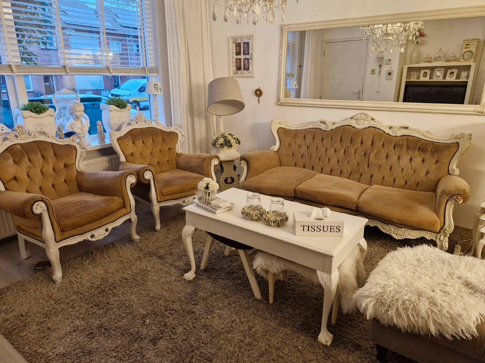 Barokke 3-zitsbank en 2 fauteuils - Crème en Goud, Ophalen, Barok, Klassiek, Vintage, Gebruikt, Driepersoons