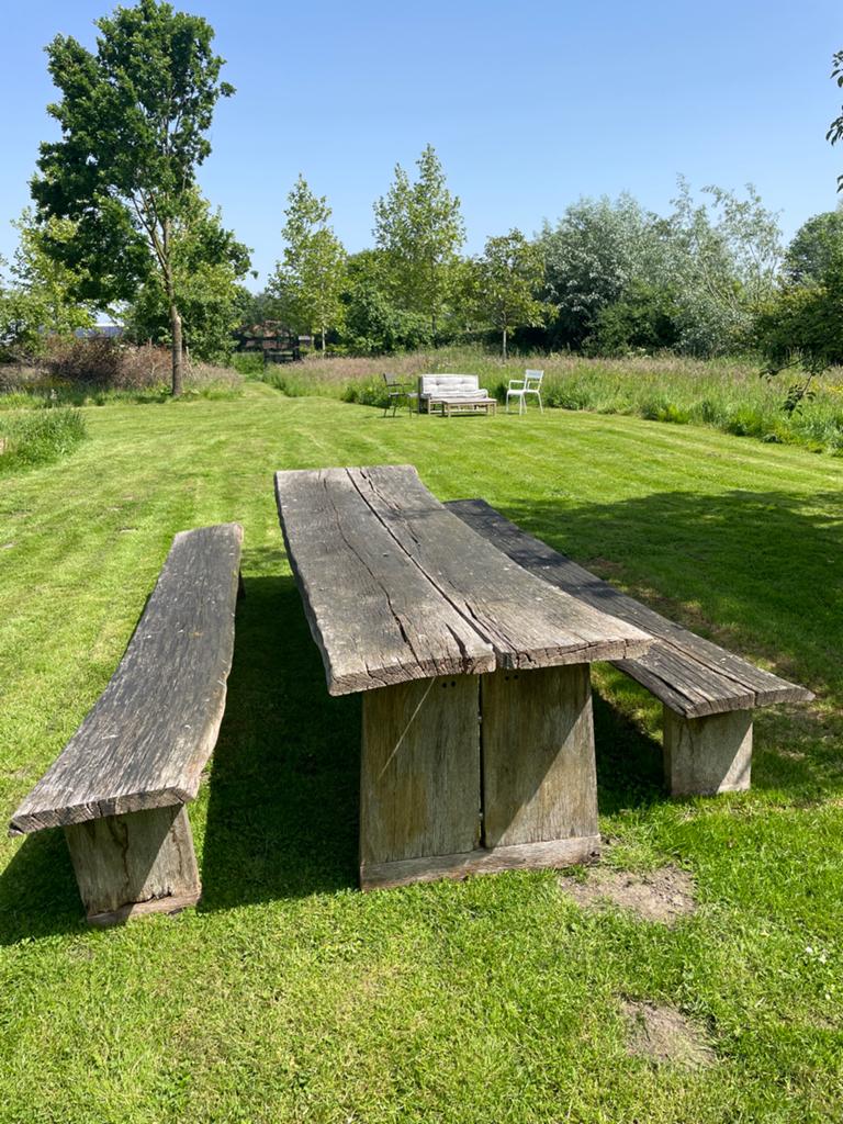 Robuuste houten picknicktafel met banken, Ophalen, Gebruikt, Rechthoekig, Hout