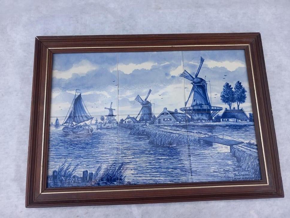Delfts Blauw Tegeltableau Windmolens en Hollands Landschap, Ophalen of Verzenden