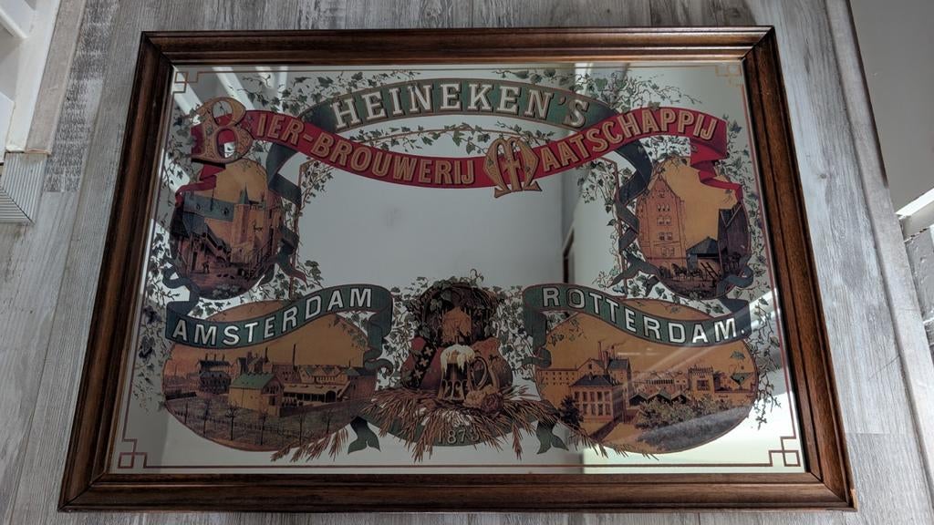Vintage Heineken Spiegel - Bierbrouwerij Amsterdam Rotterdam, Verzamelen, Ophalen, Reclamebord, Plaat of Schild, Heineken