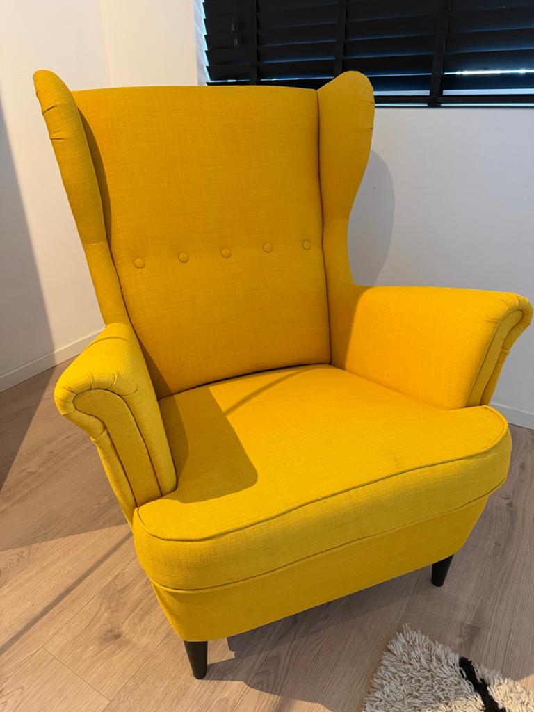 IKEA Strandmon fauteuil, geel, Ophalen, Zo goed als nieuw, Stof, 75 tot 100 cm