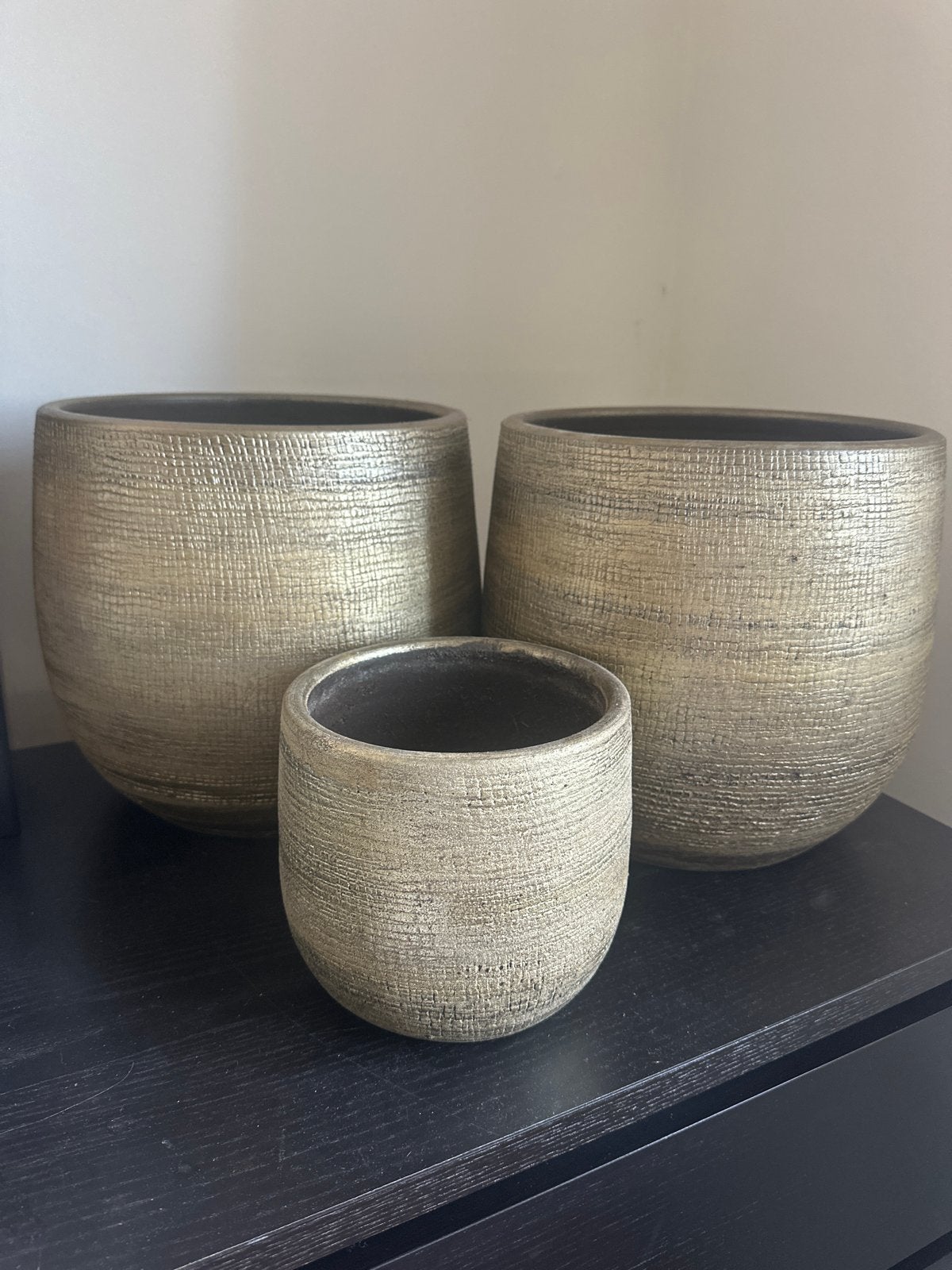 Set van 3 gouden bloempotten, Ophalen, Overige materialen, Gebruikt, 40 cm of meer
