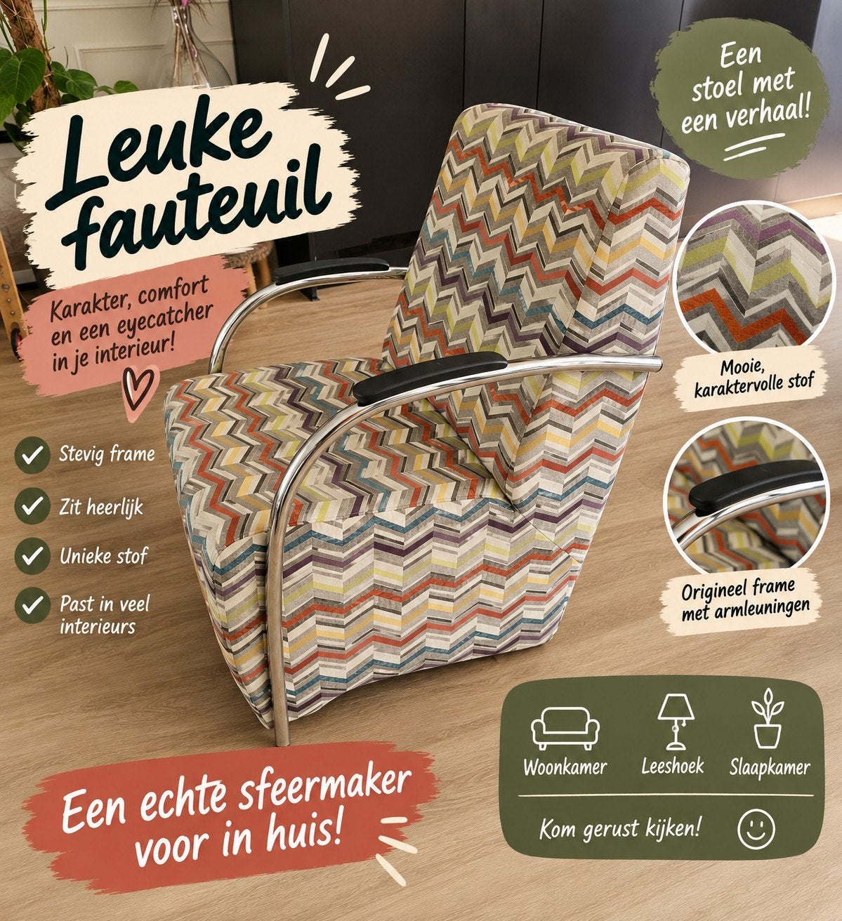 Vintage fauteuil jaren 60/70 – buisframe – retro design, Ophalen, Gebruikt, 75 tot 100 cm, Metaal