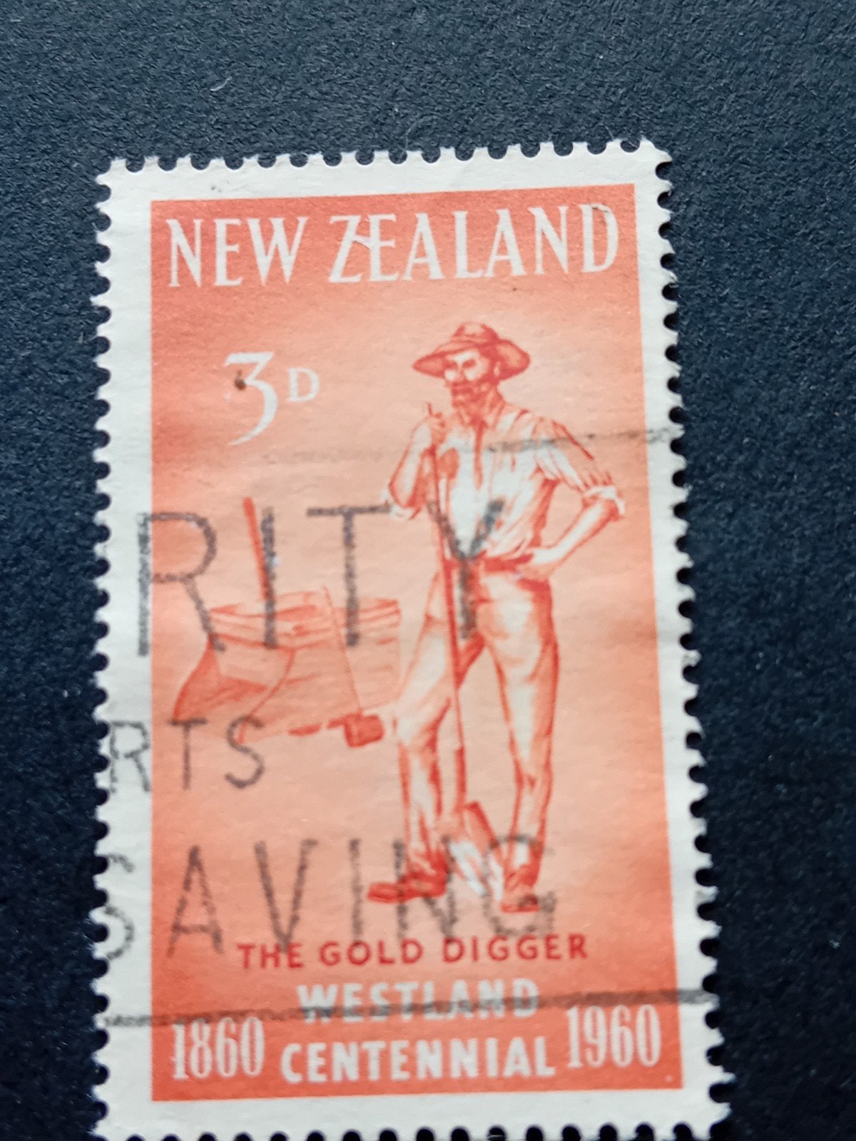 Nieuw-Zeeland 1960 'The Gold Digger' postzegel, Ophalen of Verzenden, Gestempeld