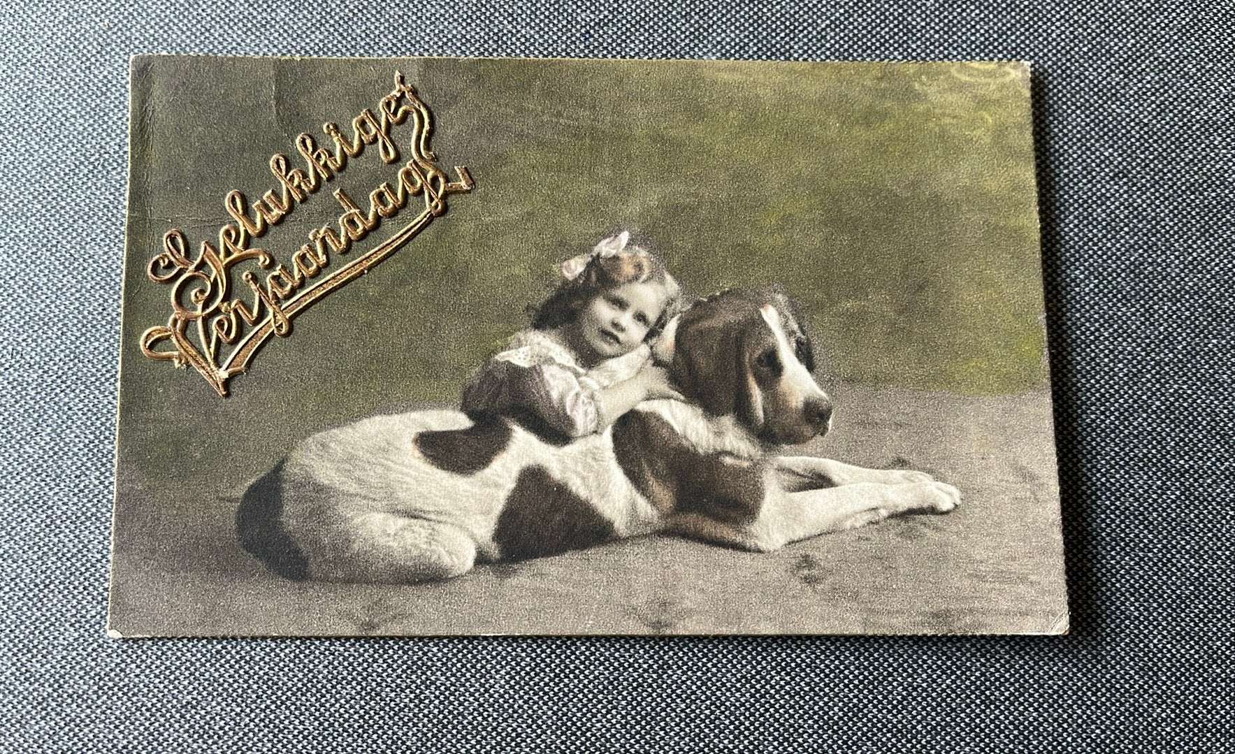 Sint Bernard pup met meisje, Ophalen of Verzenden, Voor 1920, Gelopen, Overige thema's