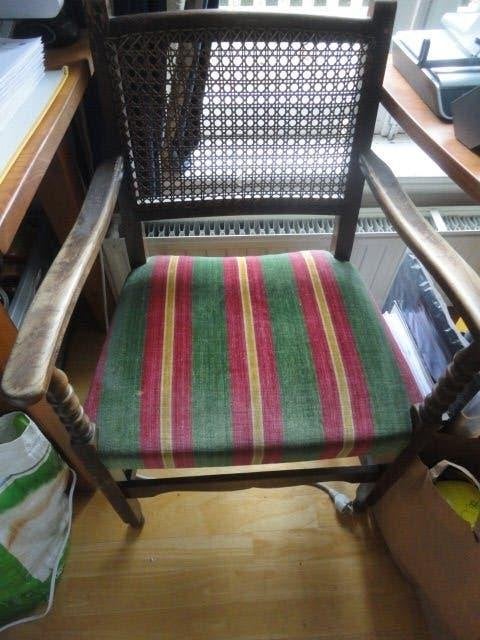 oude HOUTEN STOEL met WEBBING en gestreepte stof, Ophalen, Gebruikt, Overige kleuren, Klassiek, Vintage