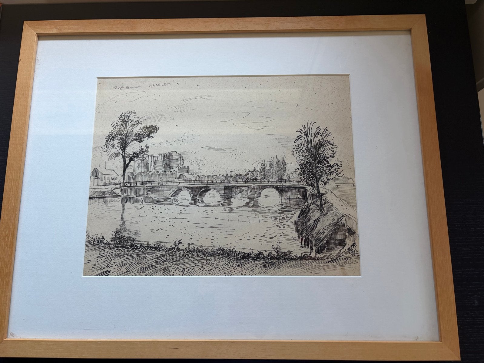 Dirk Breed Ingelijste pentekening van brug te Haarlem, Antiek en Kunst, Ophalen, Tekening, Pentekening, Achter glas