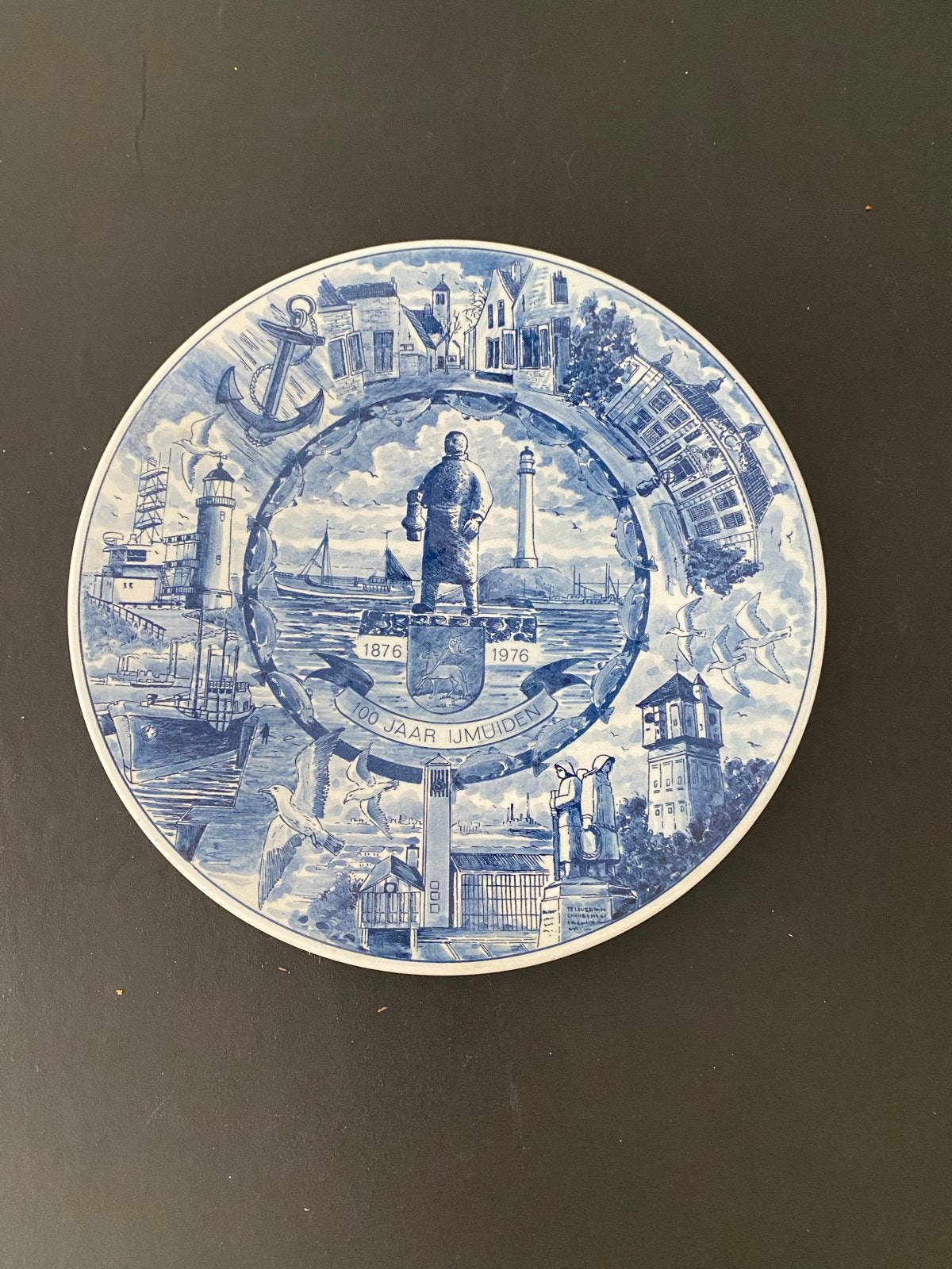 Delfts Blauw Herdenkingsbord 100 Jaar IJmuiden 1876-1976, Ophalen of Verzenden
