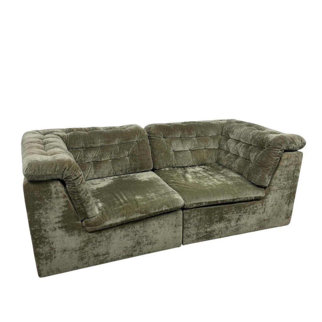 Vintage Modulaire 2-zits bank velvet fluweel olijfgroen, Hout, Gebruikt, Vintage, midcentury, 150 tot 200 cm