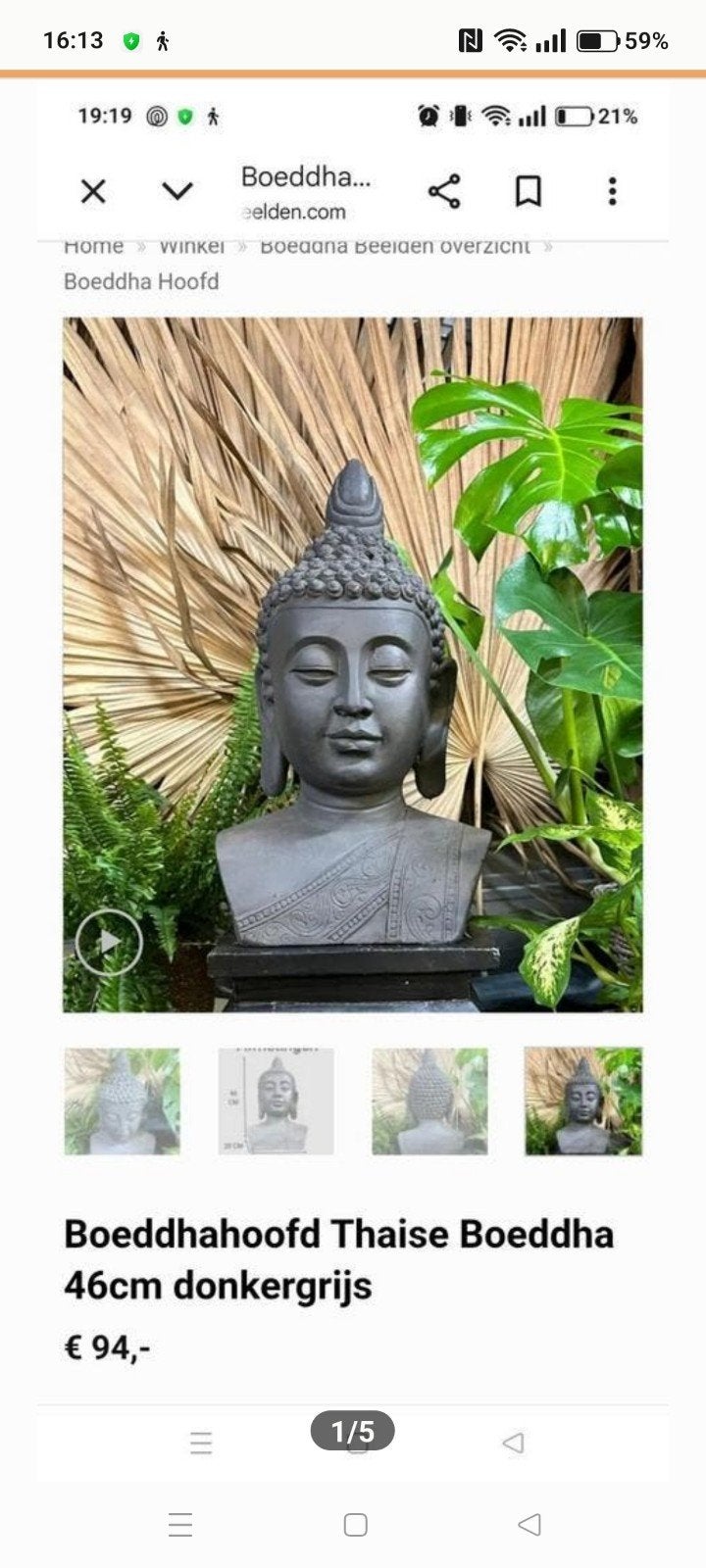 Boeddha hoofd Thaise 46cm Donkergrijs, Ophalen, Boeddhabeeld