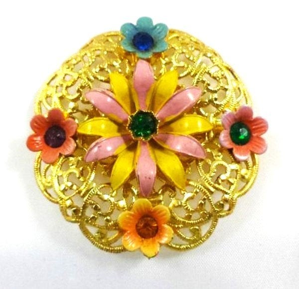 Art deco Tsjechische broche met emaille bloemen en strass, Ophalen, Zo goed als nieuw, Goud, Overige materialen
