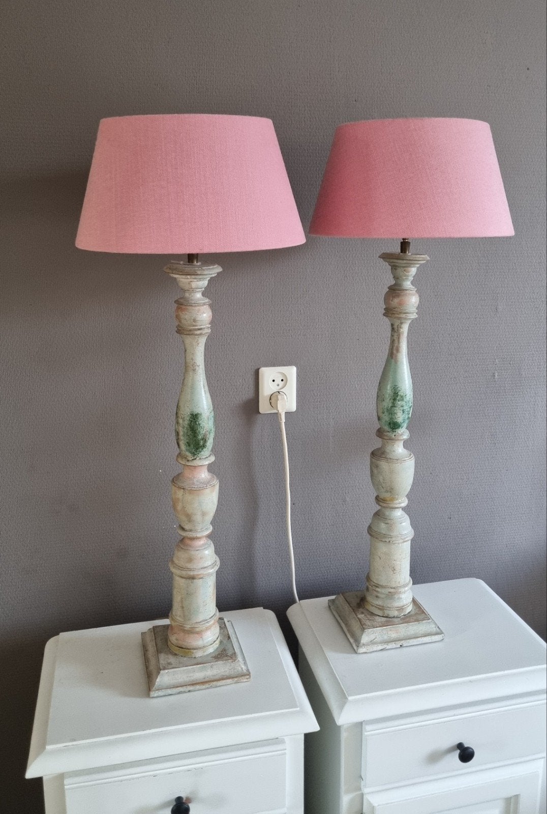 2 landelijke baluster tafellampen met kap, Ophalen, Zo goed als nieuw, Met kap, 93 cm