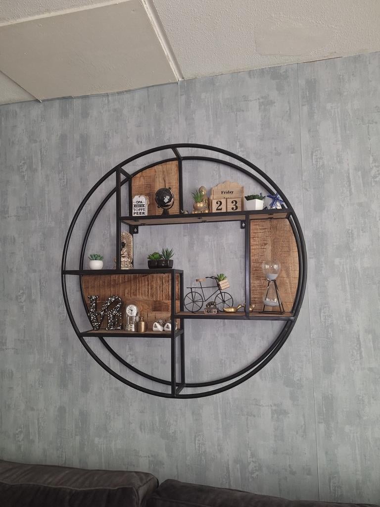 Rond wandrek industrieel met houten planken, Ophalen, Zo goed als nieuw