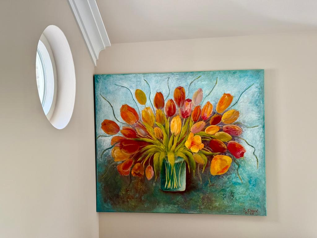 Prachtige tulpen, olieverf 120X100 cm, Antiek en Kunst, Kunst | Schilderijen | Klassiek, Ophalen