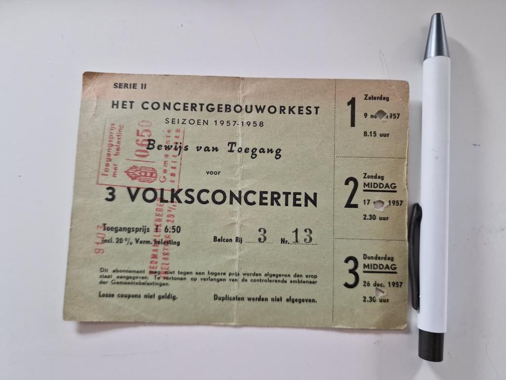 Retro kaartje concertgebouw 1957, Tickets en Kaartjes, Eén persoon