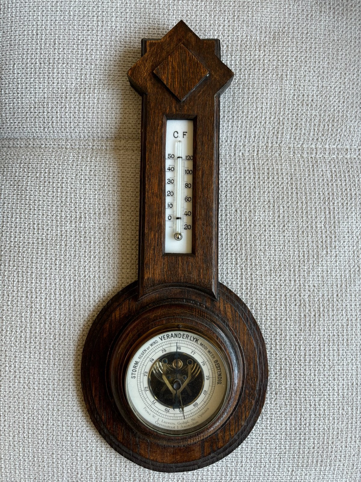 Vintage eiken barometer en thermometer 0,41 m lang., Ophalen of Verzenden, Gebruikt
