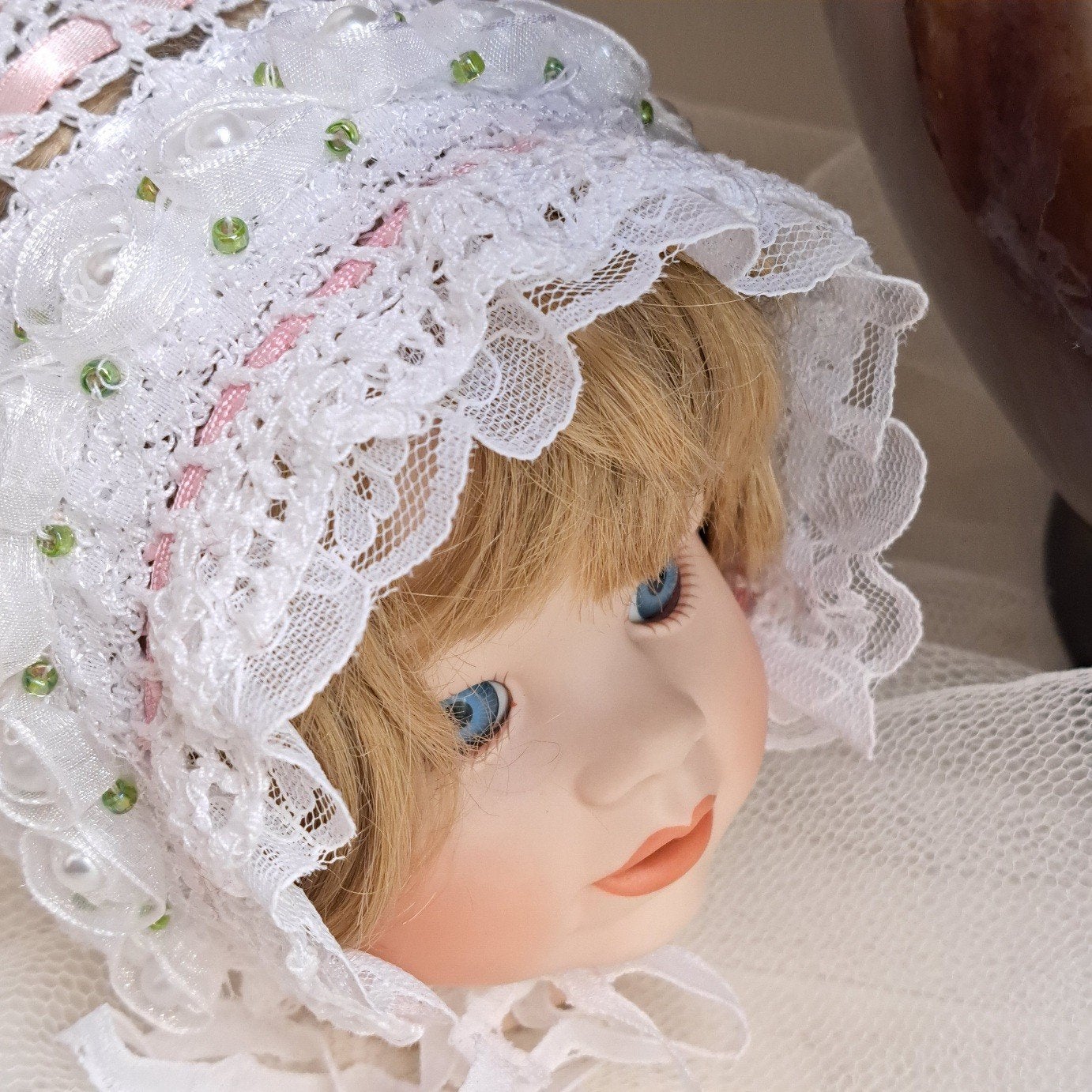 Hand gehaakt Katoen Brocante Poppen muts NIEUW, Ophalen of Verzenden