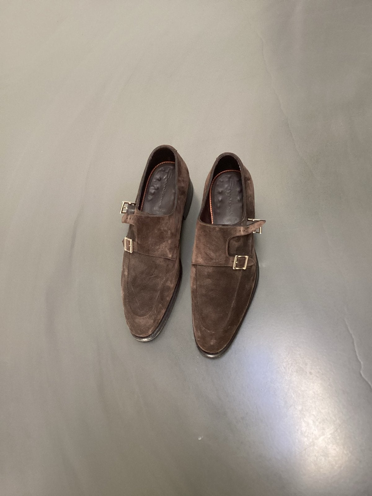 Bruine suède gespschoenen - Maat 43,5 merk Santoni, Ophalen of Verzenden, Zo goed als nieuw, Bruin, Gespschoenen