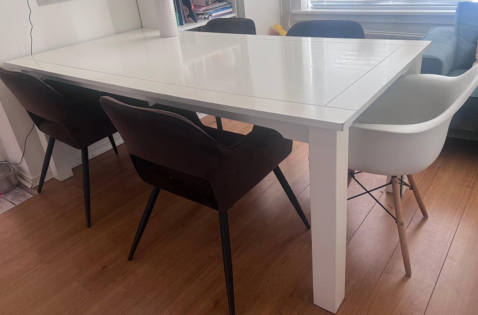 Mooie witte houten tafel groot model 70€ incl stoelen!!, 200 cm of meer, Zo goed als nieuw, Rechthoekig, 50 tot 100 cm