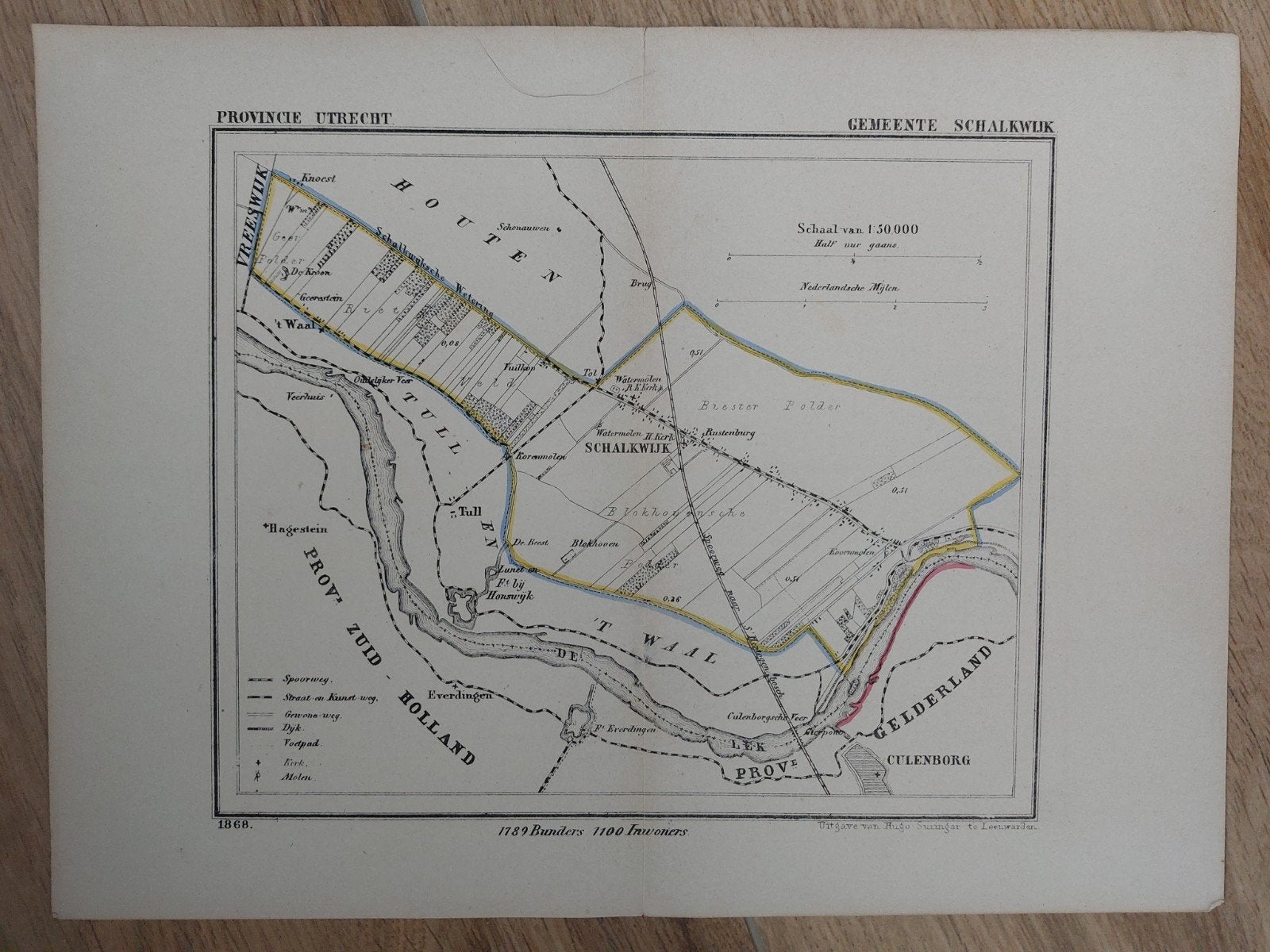 25 / Schalkwijk Culemborg Kuyper Utrecht Litho uit 1868, Antiek en Kunst, Origineel, Ophalen of Verzenden, Kaarten en plattegronden