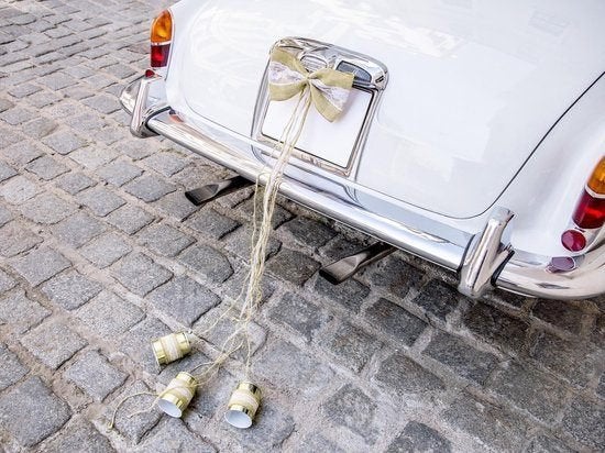 bruiloft auto decoratiepakket juten strikjes en blikjes, Ophalen, Zo goed als nieuw, Versiering, Geboorte of Huwelijk