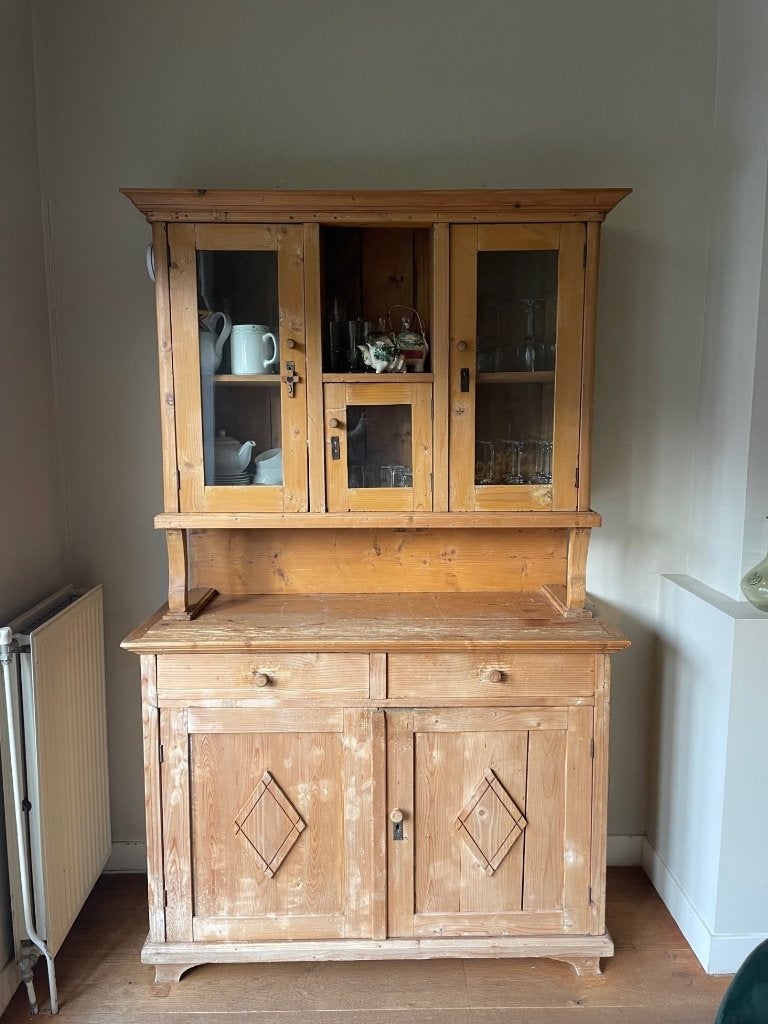 Brocante/antieke buffetkast servieskast grenen, Ophalen, Gebruikt, 100 tot 150 cm, 200 cm of meer