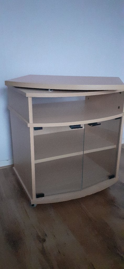 Tv kasje beuken fineer glazen deurtjes draaibaar bovenblad., Gebruikt, 50 tot 100 cm, Minder dan 100 cm, 25 tot 50 cm