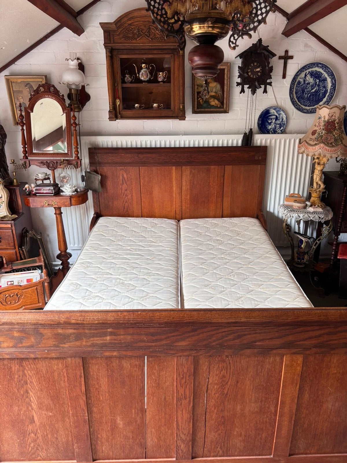 Eiken tweepersoonsbed 140x200 met lattenbodems, vintage, Huis en Inrichting, Ophalen, Bruin, Tweepersoons, 140 cm