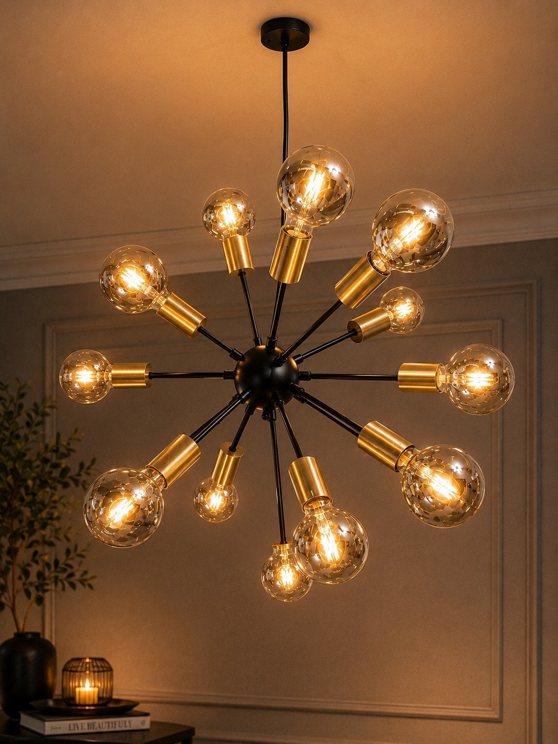 Moderne Sputnik Kroonluchter - Zwart & Goud, Huis en Inrichting, Glas, E27 (groot), Ophalen of Verzenden, Modern, Sputnik, Industrieel