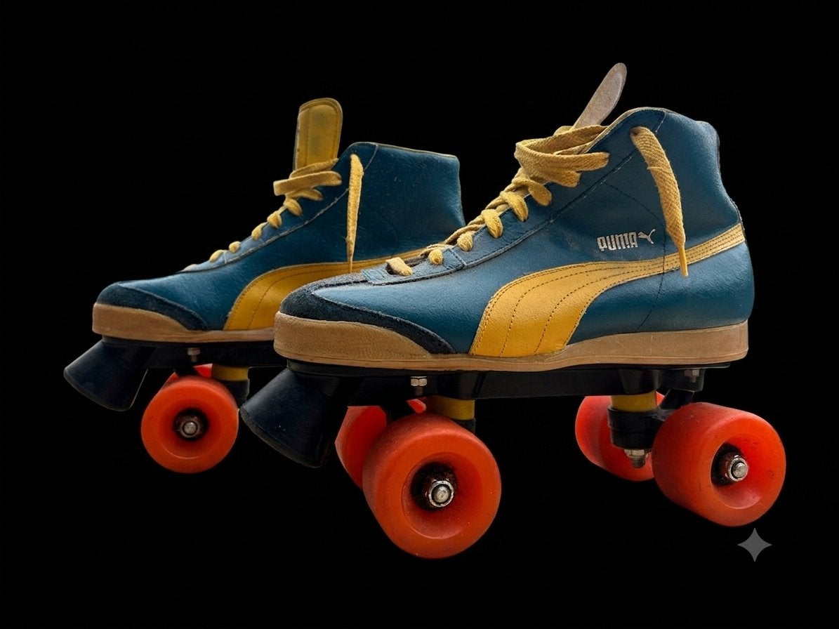 Vintage Puma rolschaatsen - Blauw/Geel, Ophalen of Verzenden, Gebruikt, Overige typen, Overige merken