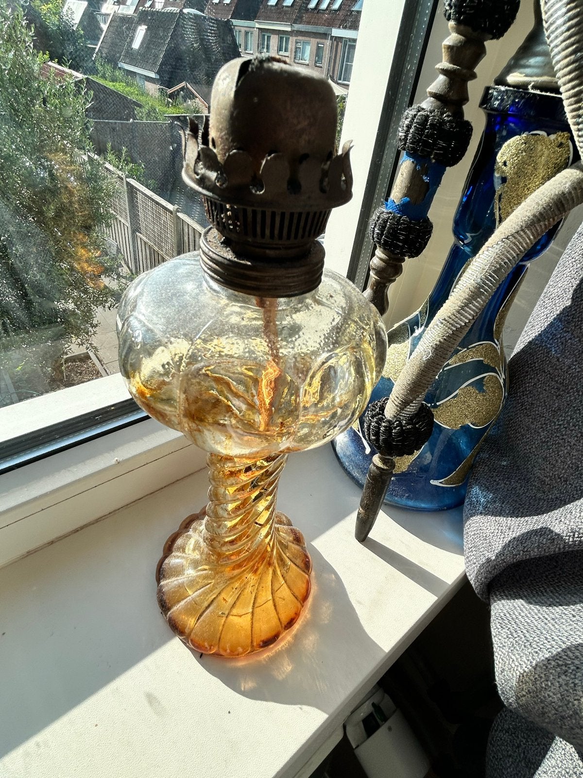 Vintage Olie Lamp - Amberkleurig Glas, Ophalen of Verzenden