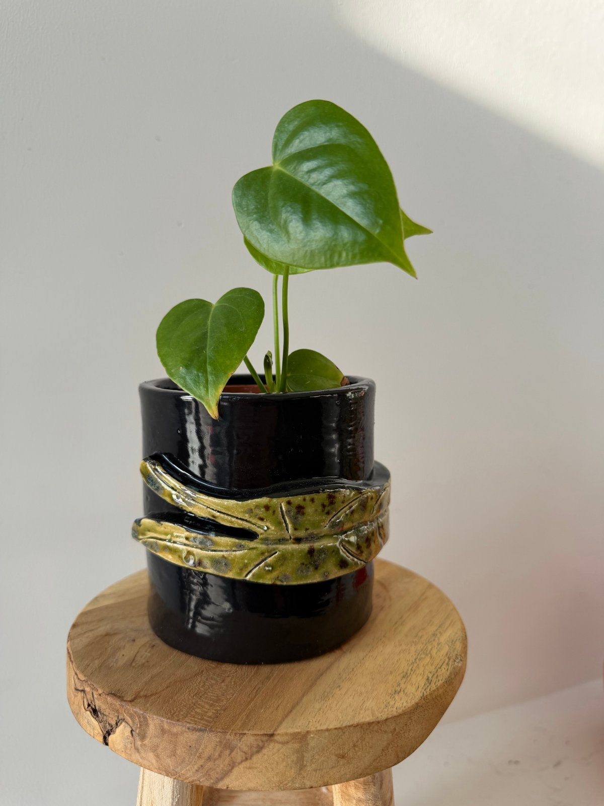 Zwarte bloempot met bladmotief - Keramiek, Rond, Binnen, Ophalen of Verzenden, Zo goed als nieuw