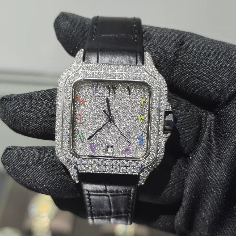 Luxe Moissanite Horloge met Diamanten en Leren Band, Sieraden, Tassen en Uiterlijk, Overige merken, Overige materialen, Leer, Polshorloge