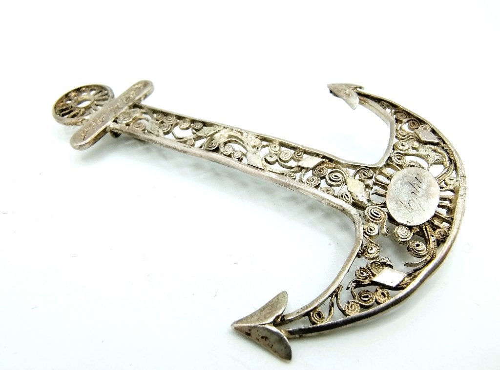 Antiek zilveren filigrain broche, anker, datering rond 1880, Verzenden, Zilver, Broche