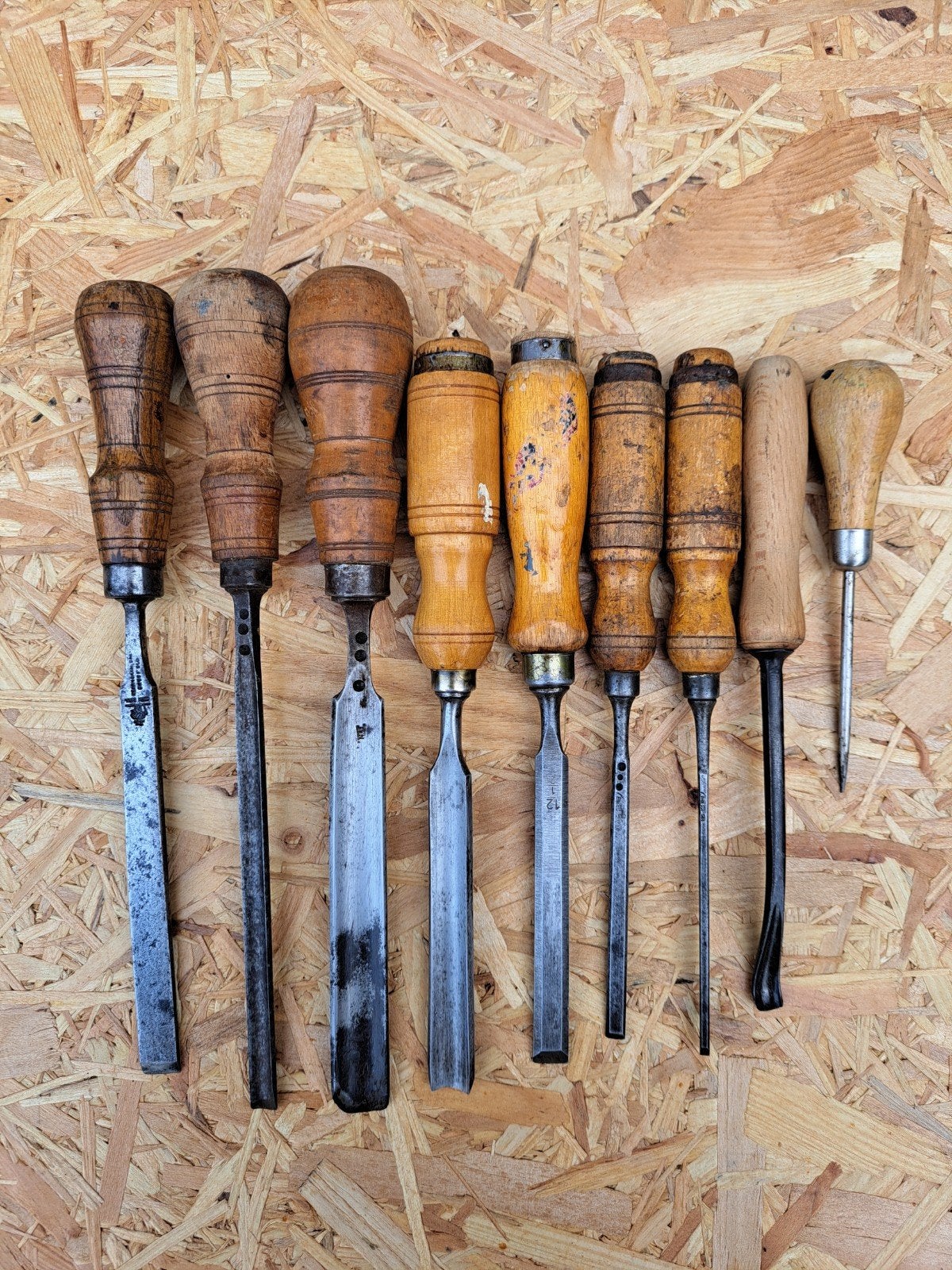 Leuke set vintage houtbeitels, gutsen + priem, Ophalen of Verzenden