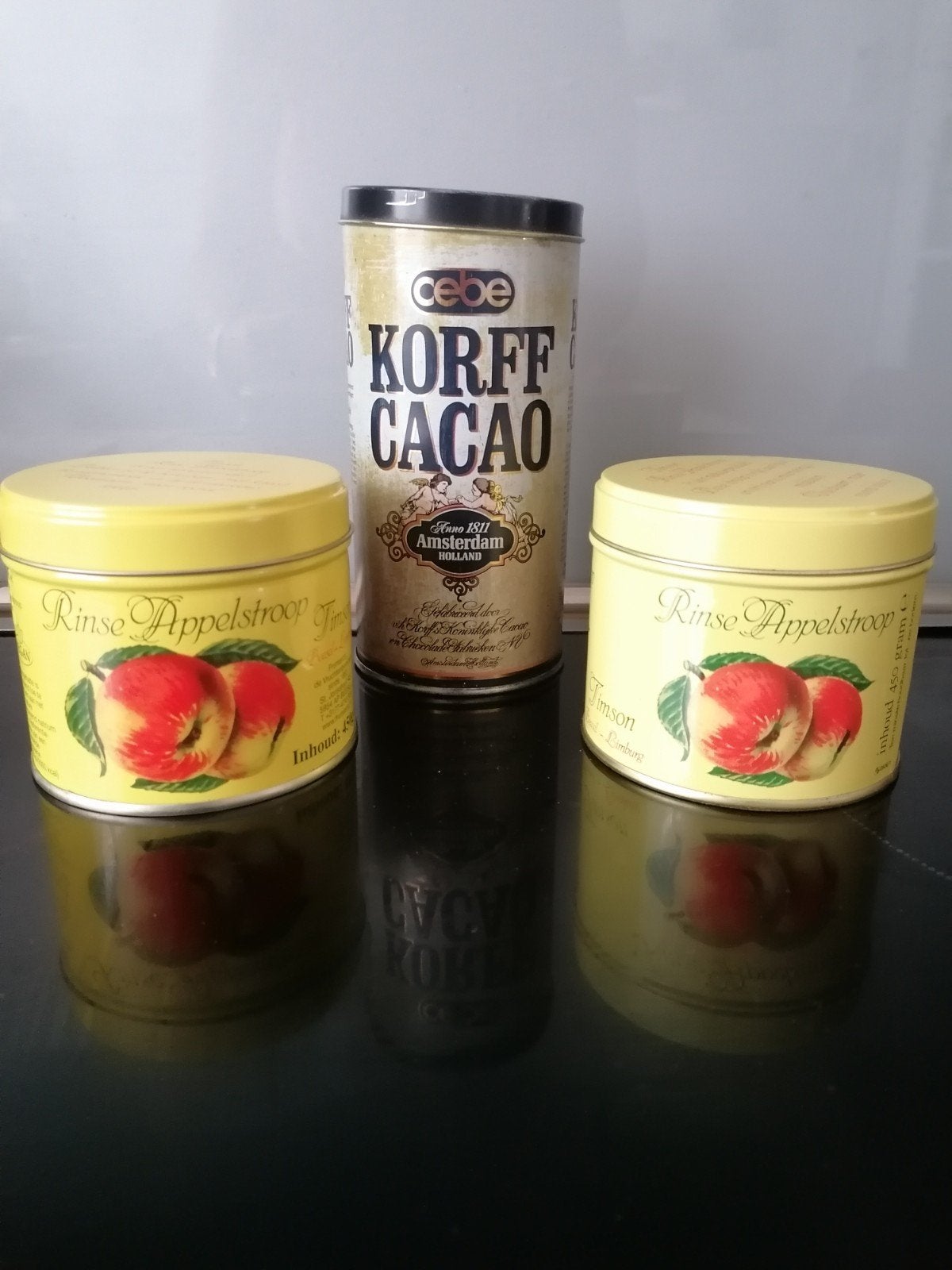 Vintage blikken: Cebe Korff Cacao & Rinze Appelstroop, Ophalen of Verzenden, Gebruikt, Overige, Overige merken
