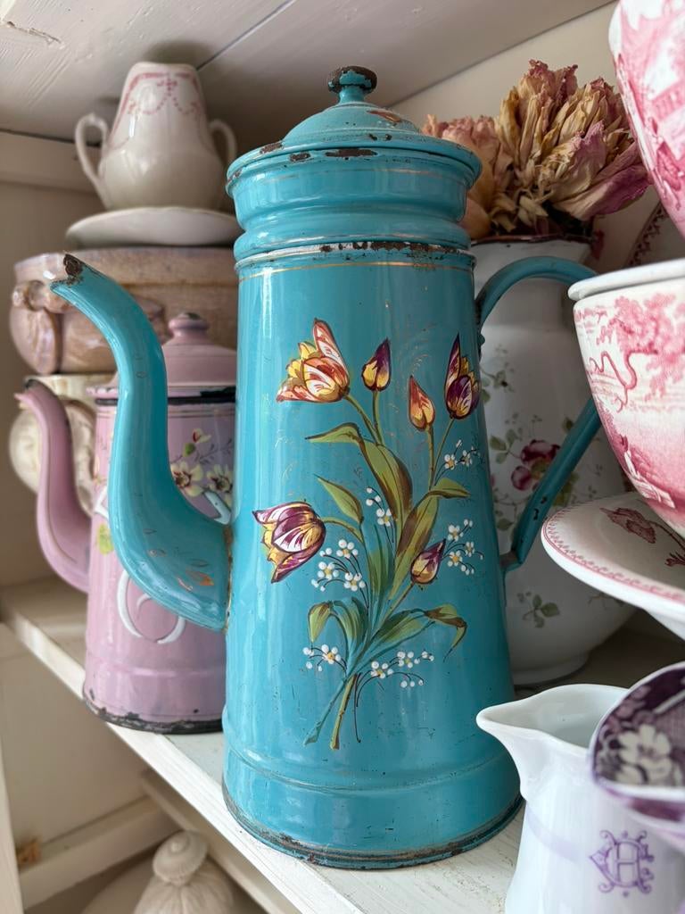 Prachtige Frans emaille koffiepot/kan dikopgelegd decor, Ophalen of Verzenden