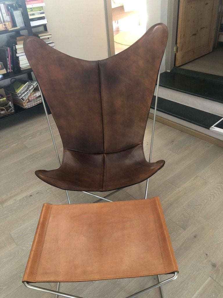Leren Vlinderstoel met Voetenbank - Bruin, Ophalen, Modern, Scandinavisch, Industrieel, 75 tot 100 cm, Zo goed als nieuw