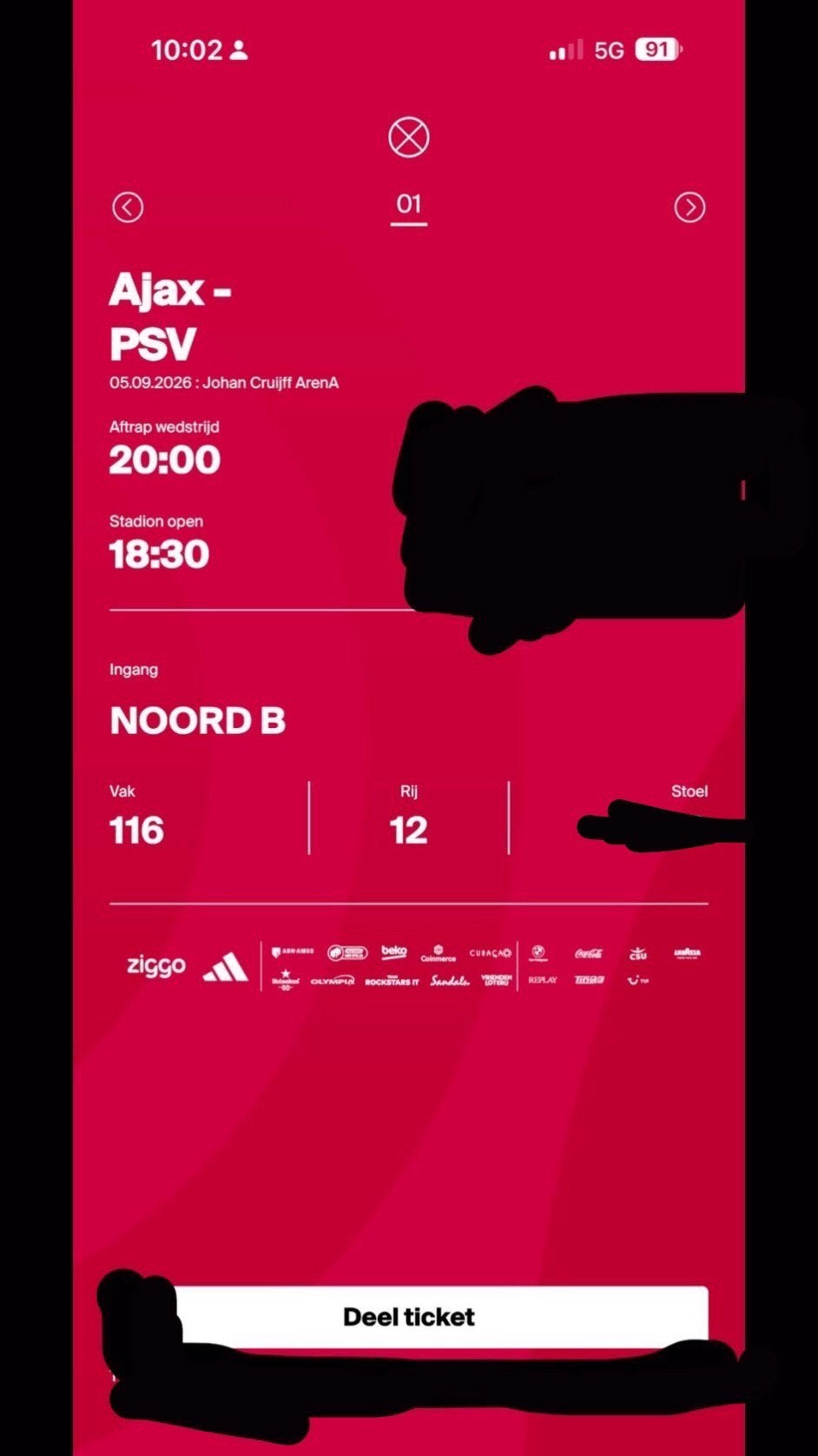 Ajax - Psv wedstrijd vak 116 zie foto 2, Seizoenskaart, Eén persoon, September