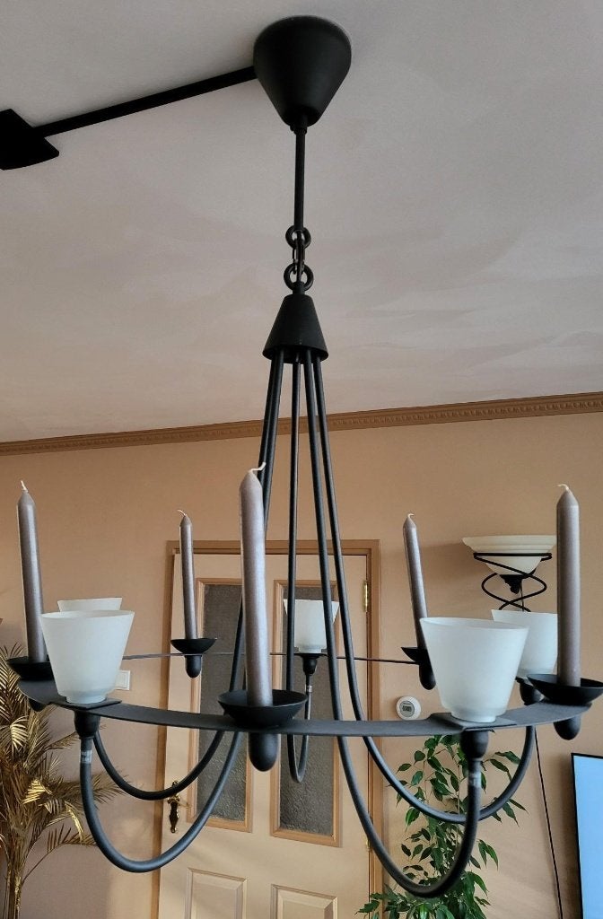 Zwarte kroonluchter combi kaars en lamp, Huis en Inrichting, Lampen | Kroonluchters, Ophalen, Zo goed als nieuw, Glas