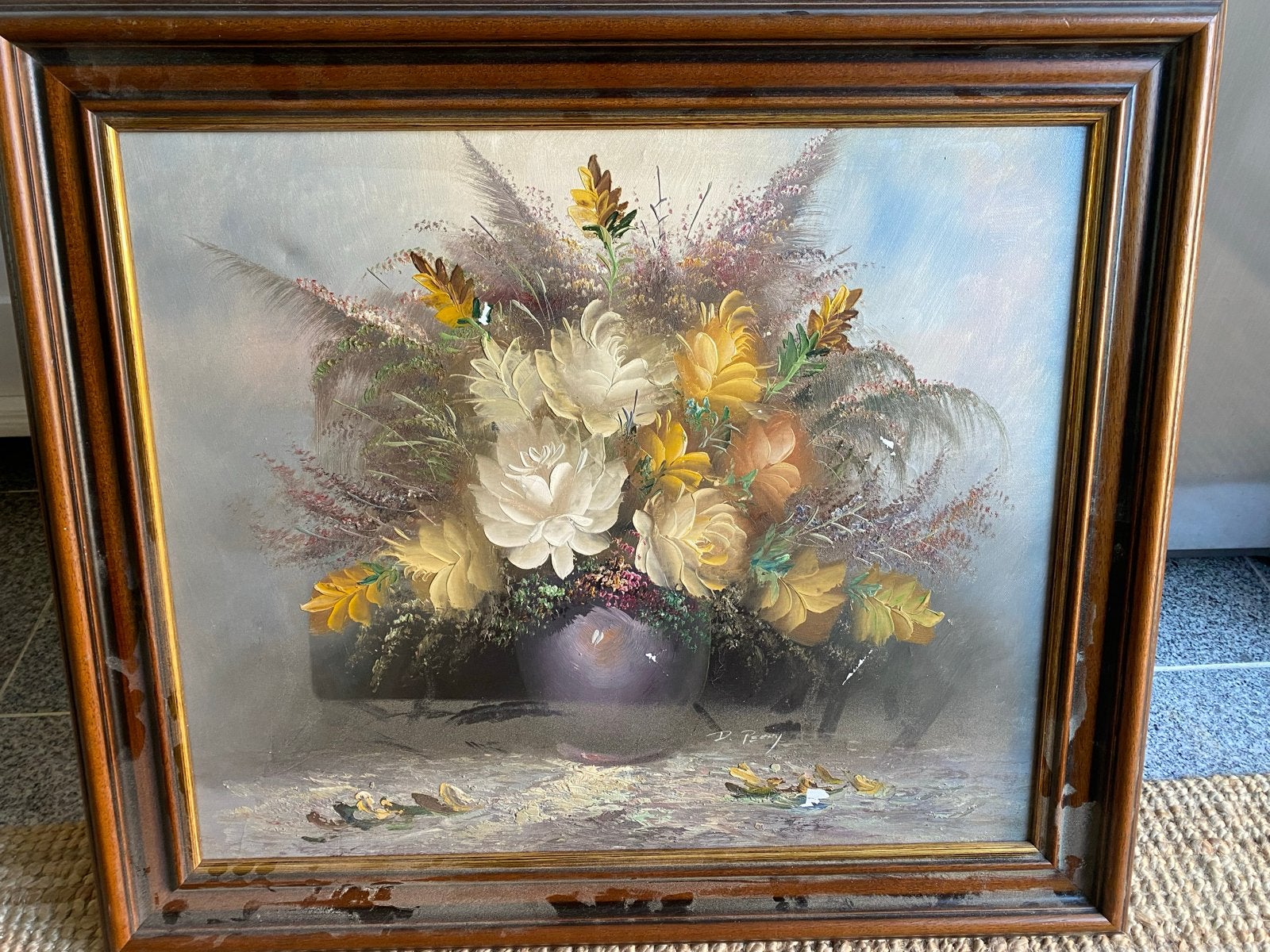Bloemenstilleven van D. Perry in houten lijst, Antiek en Kunst, Doek, Realistisch, Gesigneerd, Olieverf