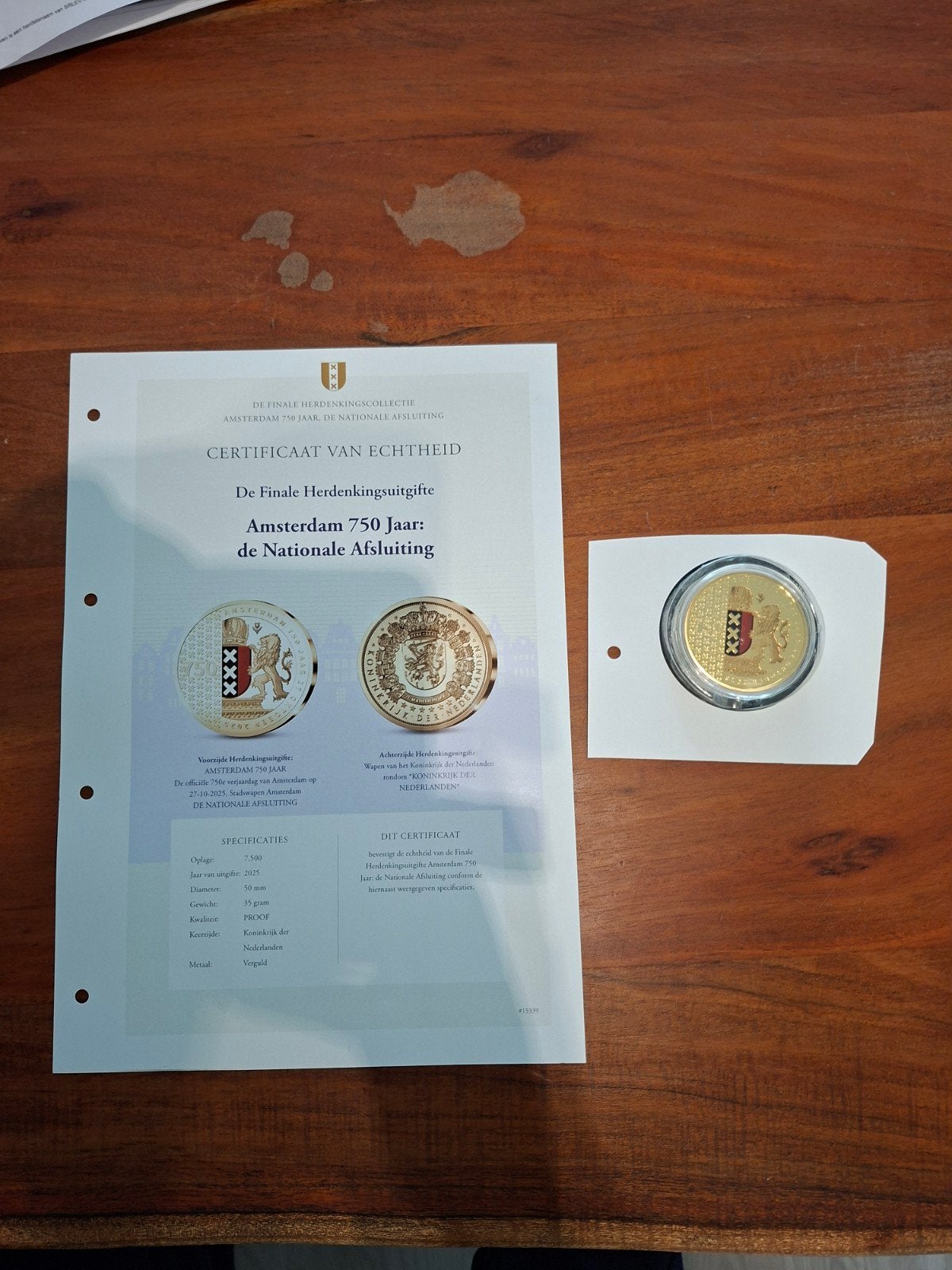 Vergulde Herdenkingsmunt Amsterdam 750 Jaar, Postzegels en Munten, Munten | Nederland, Losse munt, Euro's, Koningin Beatrix, Ophalen of Verzenden