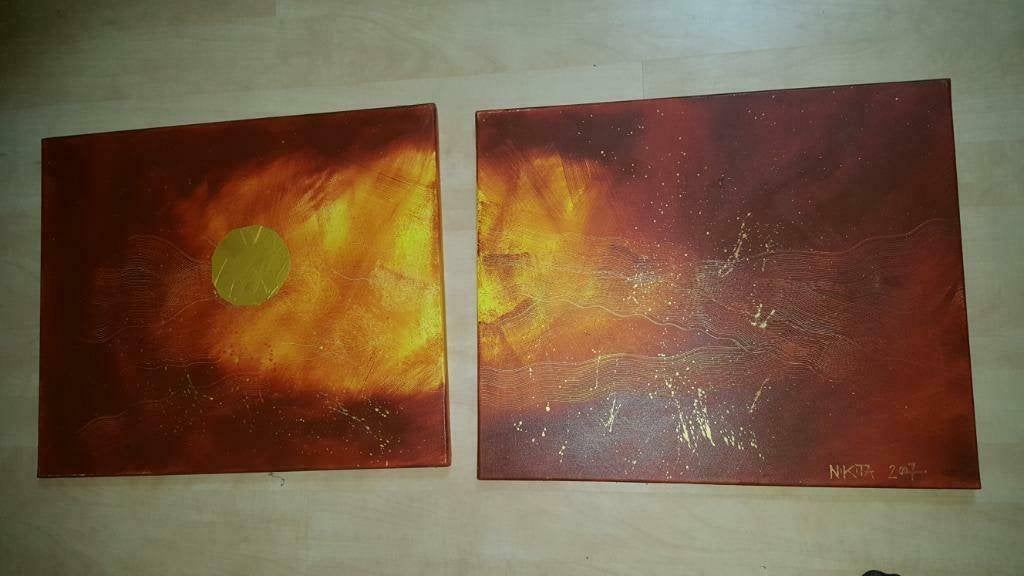Te koop handgeschilderd schilderij 2 luik., Ophalen, Zo goed als nieuw, Schilderij, 5 – 50
