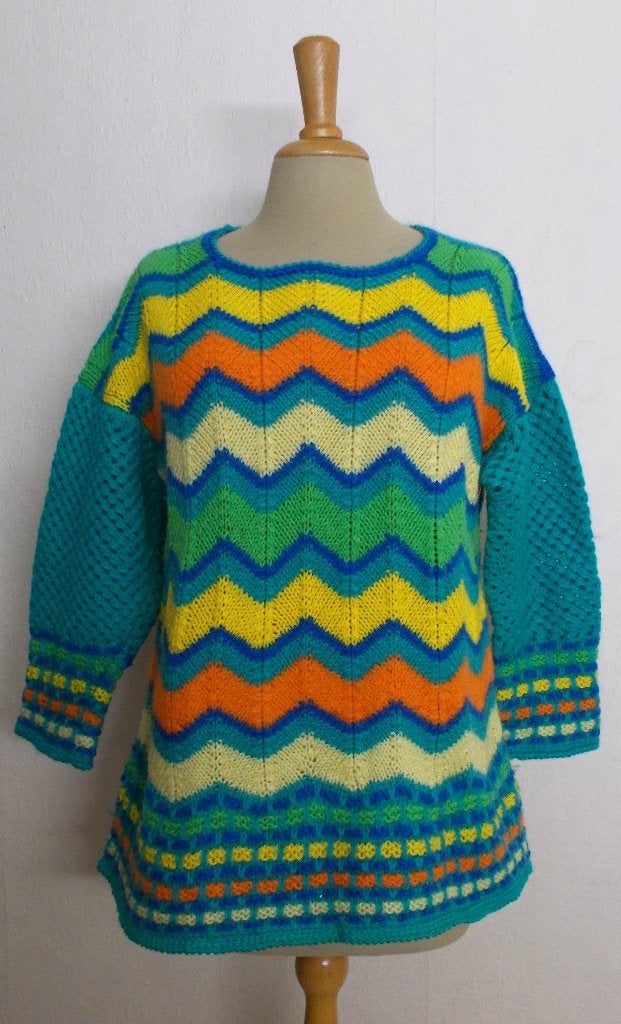 Fleurige handgemaakte gebreide trui! L, Kleding | Dames, Truien en Vesten, Verzenden, Zo goed als nieuw, Maat 42/44 (L), Groen