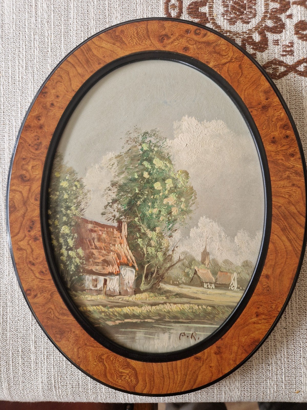 P. R. Ovaal Schilderij: Hollands Landschap met Boerderij, Antiek en Kunst, Paneel, Origineel werk, Ophalen of Verzenden, Landschap