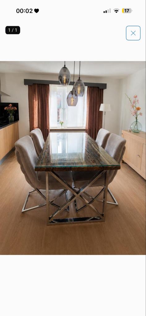 Luxe Eric Kuster stijl eettafel met glazen blad, Huis en Inrichting, Complete eetkamers, Ophalen of Verzenden, Gebruikt, 4 tot 6 stoelen