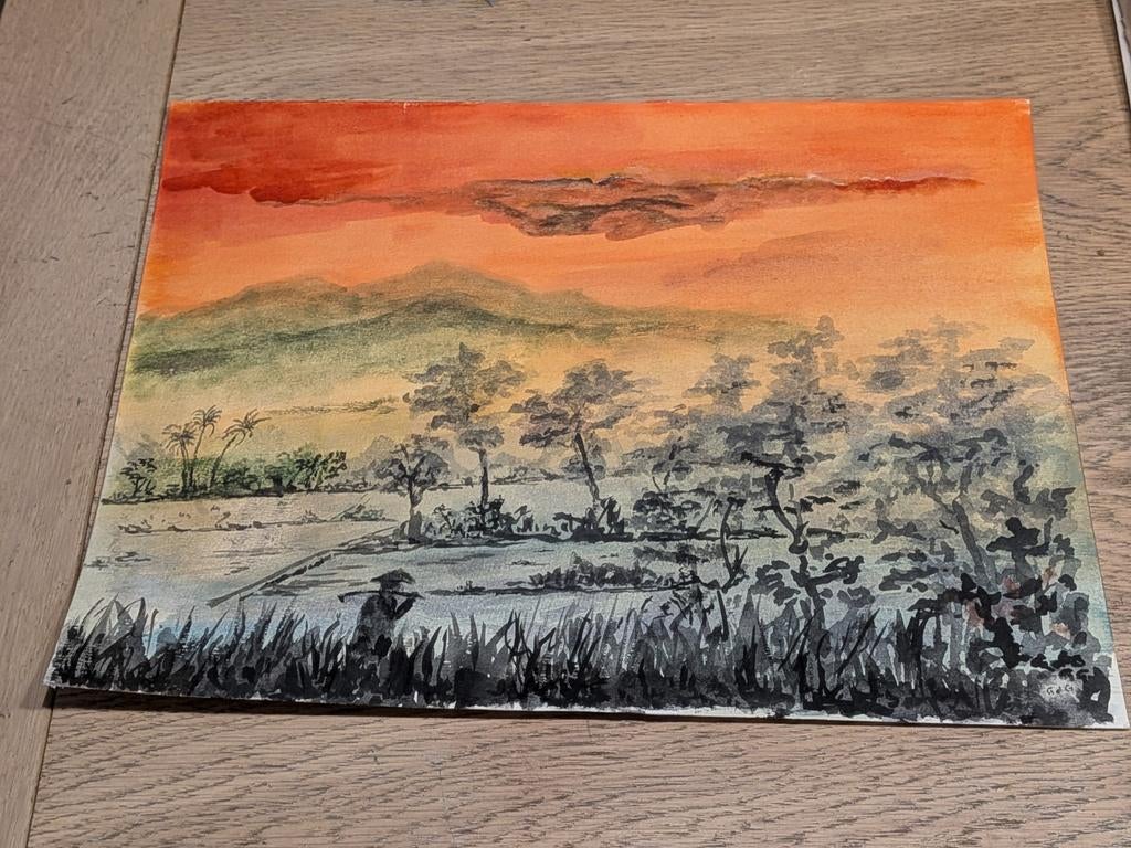 Schilderij: Aziatisch landschap met rijstvelden, Antiek en Kunst, Ophalen of Verzenden