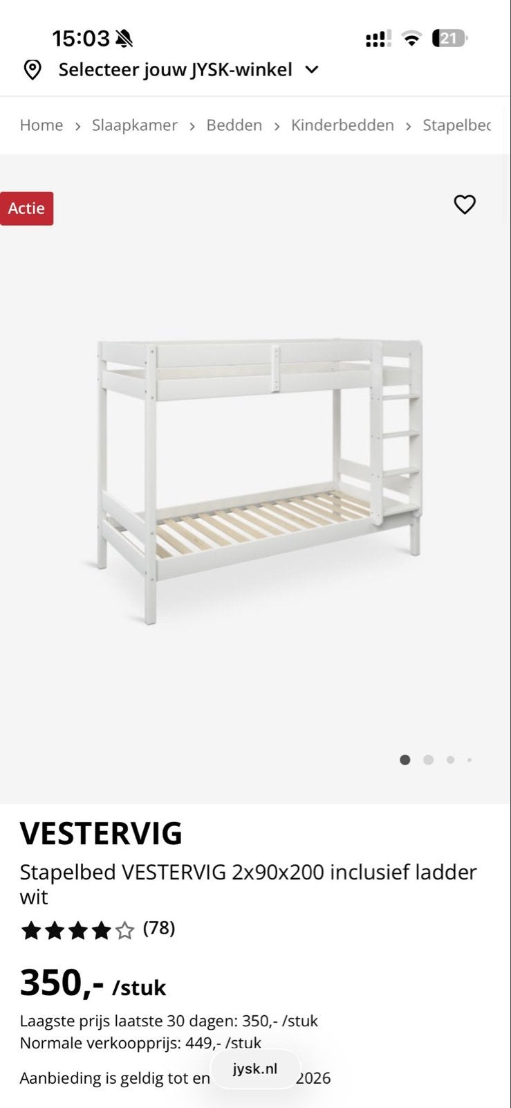 Stapelbed 2x90x200 inclusief ladder wit, Ophalen, Gebruikt, 90 cm, 160 tot 180 cm