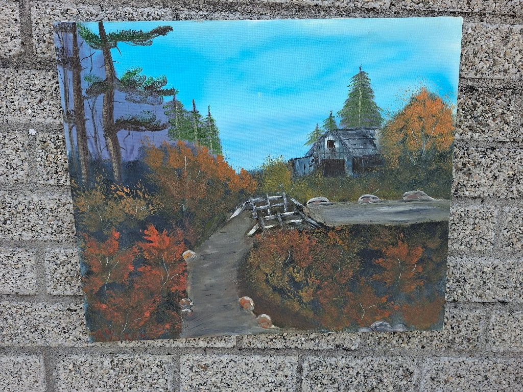 mooi groot schilderij landschap bos met schuur., Ophalen of Verzenden, Zo goed als nieuw, 125 cm of meer, Schilderij
