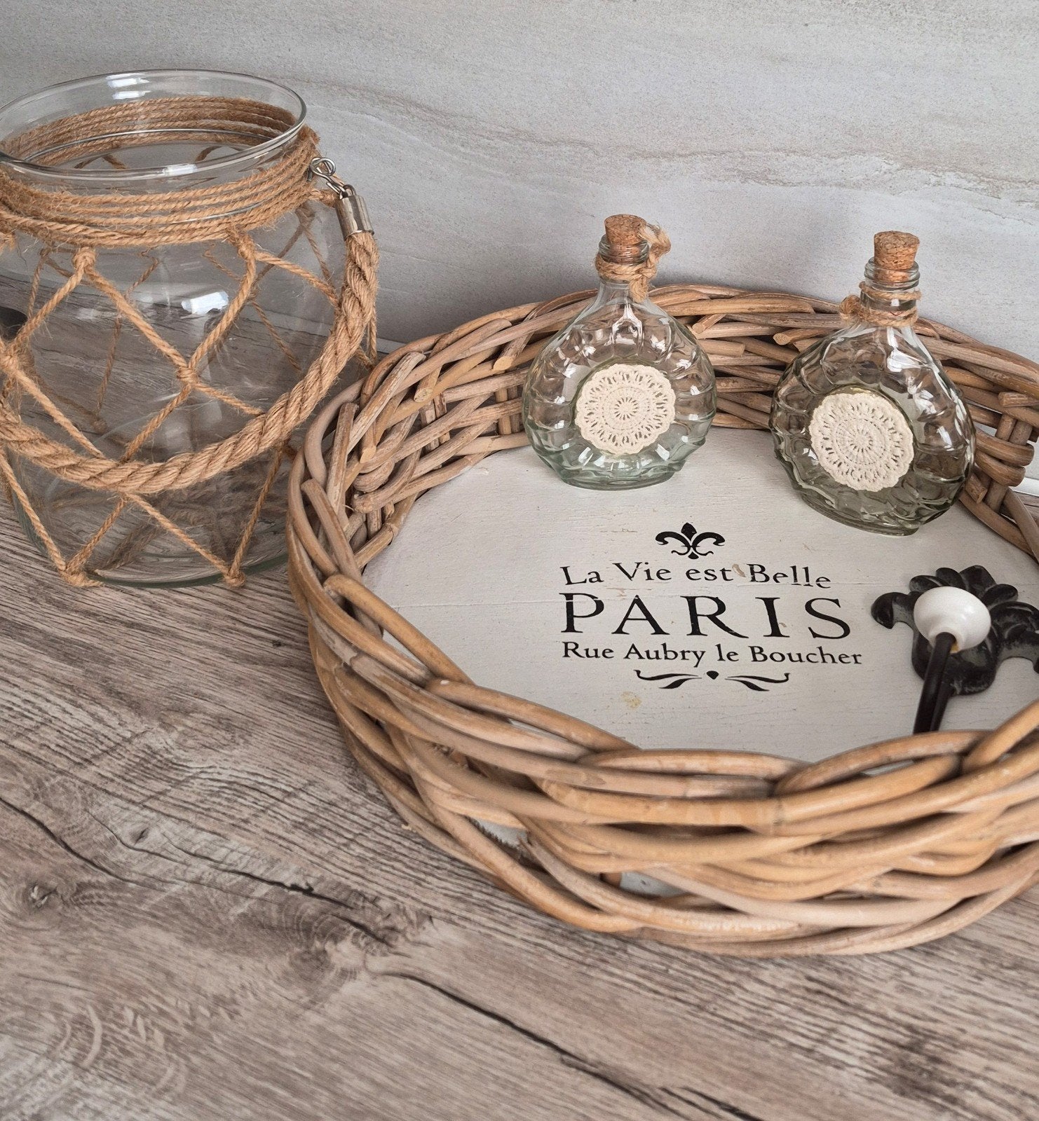 Decoratieve set: dienblad, potten, haak en glazen pot, Huis en Inrichting, Woonaccessoires | Overige, Hout, Gebruikt, Ophalen of Verzenden